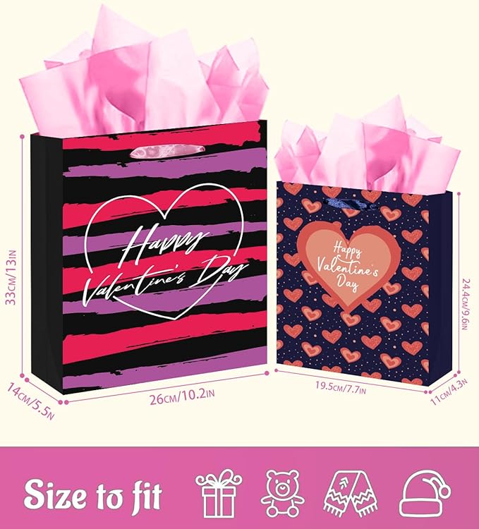 qiqee Valentine 5PCS Gift Bag with Tissue Paper Assorted Size Present Wrap Bags For Lover (3 PCS Medium Size+2 PCS Large Size)