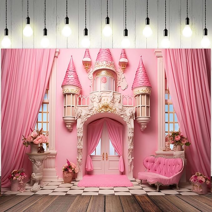 8x4ft Pink Castle Backdrop Room Door Curtain Photography Background Flowers Vases Sofa Princess Girl Birthday Banner Decorations Newborn Baby Shower Wedding Party Portrait Photo Booth Prop