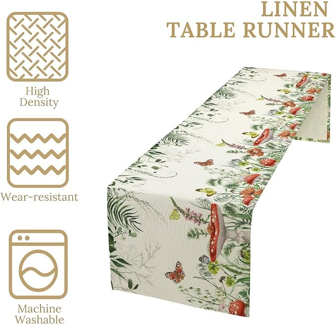 Watercolor Mushroom Table Runner, Boho Vintage Green Plant Butterfly Wildflower Eucalyptus Leaf Print Table Cover for Home Holiday Party Indoor Outdoor, 13x36inch
