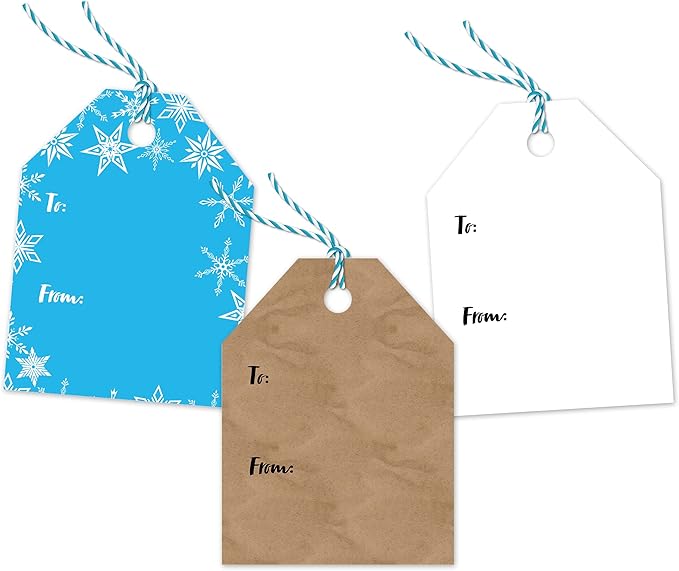 Pro Supply Global 24 Count of 2.5 Inch x 3 Inch Pre Strung Chirstmas Lights Gift Tag Assorted Printed Designs on Large Cardstock Gift Hang Tags - Ideal to Use on Bags