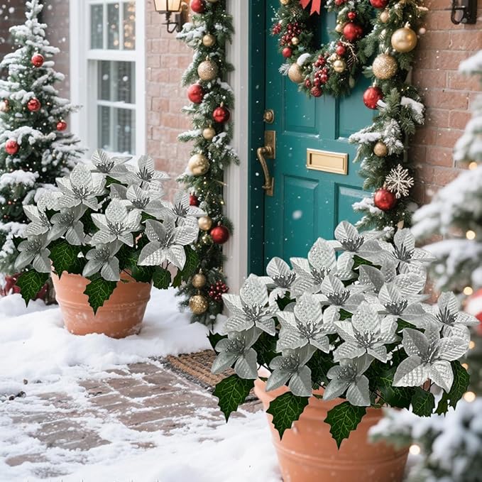 6 Pack Slive Christmas Artificial Poinsettia Flowers Faux Poinsettia Bush Bouquets Silk Poinsettia Christmas Tree Ornaments Poinsettia Flower Arrangement for Home Decor