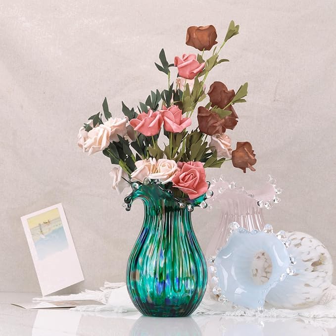 Hand Blown Green Glass vase, Decorative Wide Mouth Glass vase for Home Living Room, Fireplace Decorations, Table centerpieces, entryway Tables and Wedding Decorations.