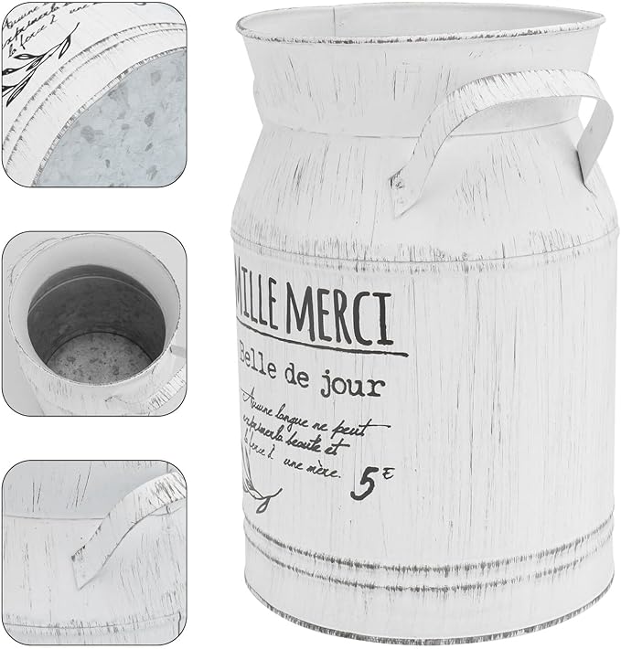 Antique White Galvanized Metal Flower Vase Large Decorative Kettle with Letters Pattern for Desktop Flower Arrangement Home Garden Office Ornament