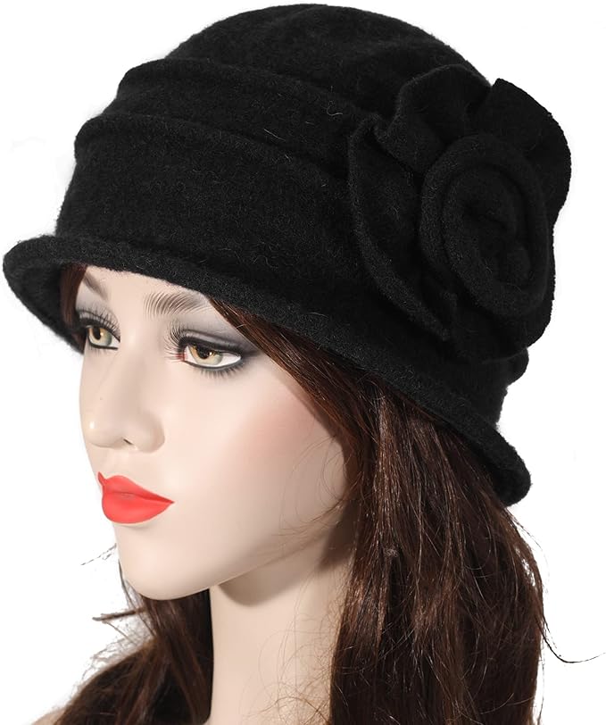 ZLYC Women Wool Cloche Bucket Hat 1920s Vintage Dress Winter Hats with Flower Accent