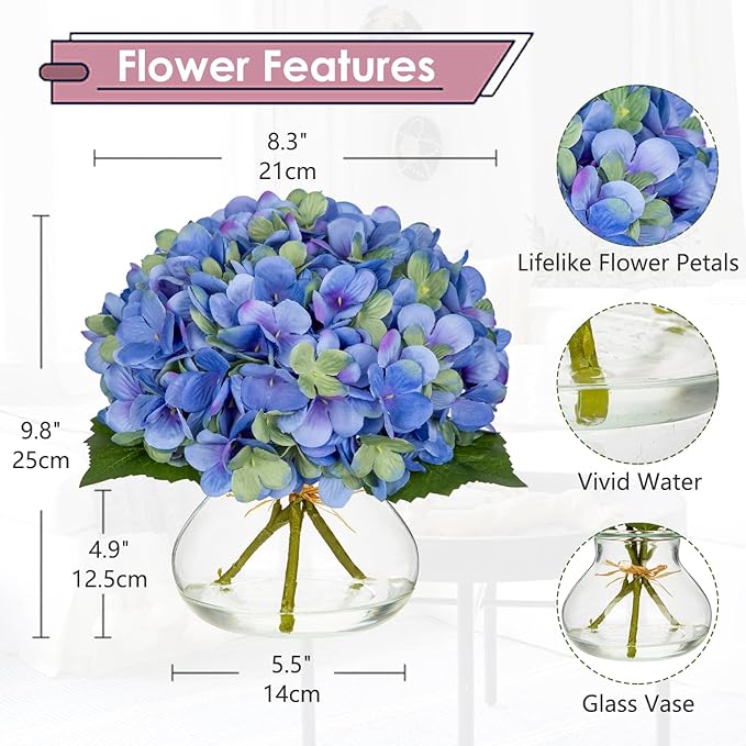 Hollyone Hydrangea Artificial Flowers with Glass Vase Blue-Green Silk Faux Flowers Arrangements in Vase with Faux Water Fake Floral Bulk Bouquet for Home Decor Table Centerpiece Decorations