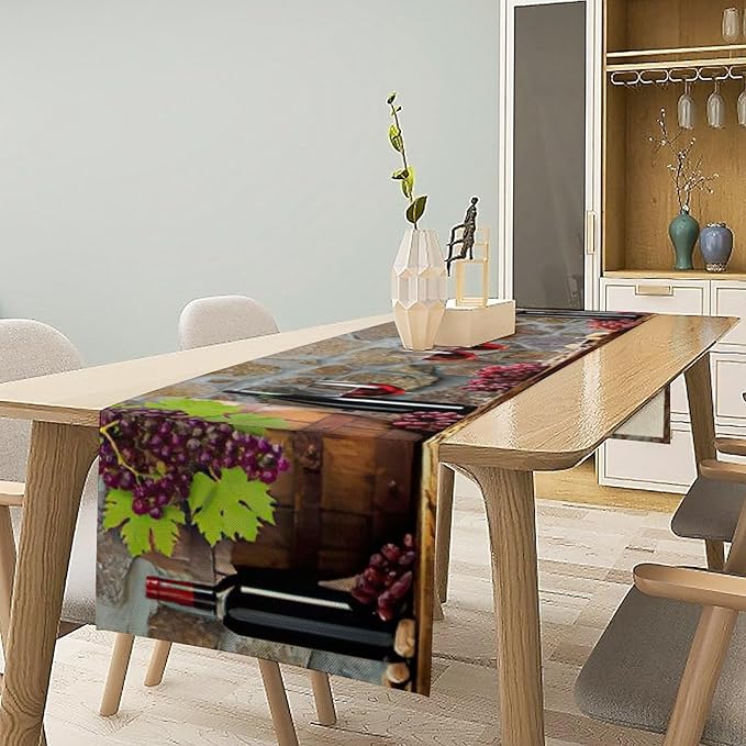 Red Wine Table Runner Wine Grape Alcohol Fruit Vintage Barrel Dinner Runner for Farmhouse Cabin Home Kitchen Dining Holiday Wedding Party Dining Decor 13x120in