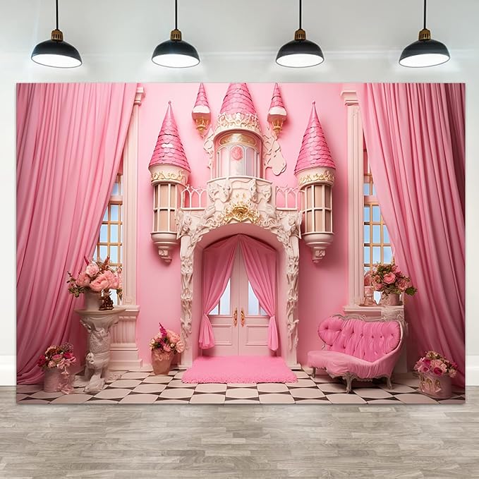 10x6.5ft Pink Castle Backdrop Room Door Curtain Photography Background Flowers Vases Sofa Princess Girl Birthday Banner Decorations Newborn Baby Shower Wedding Party Portrait Photo Booth Prop