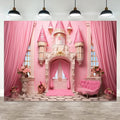 8x4ft Pink Castle Backdrop Room Door Curtain Photography Background Flowers Vases Sofa Princess Girl Birthday Banner Decorations Newborn Baby Shower Wedding Party Portrait Photo Booth Prop