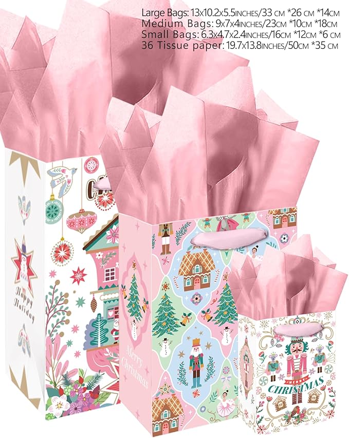 qiqee 10PCS Christmas White Gift Bags with Pink Polar Bear Design(2PCS Large 5.5"x10.2"x13", 4PCS Medium 4.3"x 7.7"x 9.6", 4PCS Small 2.4"x 4.7"x 6.3", 30PCS Tissue Paper included)