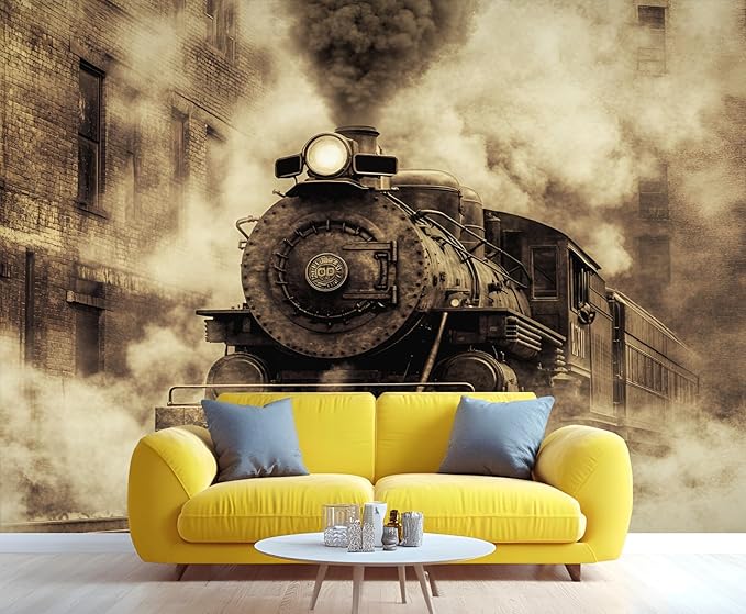 Vintage Steam Train Wall Mural, Industrial Train Engine 3D Wall Murals, Retro Railway Steam Engine Wallpaper Mural, for Living Room Bedroom Large Wallpaper Indoor Decor 157.5" W x110.3 H