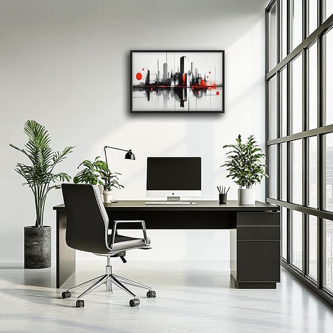 Black White Red City Wall Art City Skyline Pictures Wall Decor Large Abstract Canvas Prints Painting Framed Artwork Decoration Above Bed for Bedroom Living Room Gallery Office 36"x24"