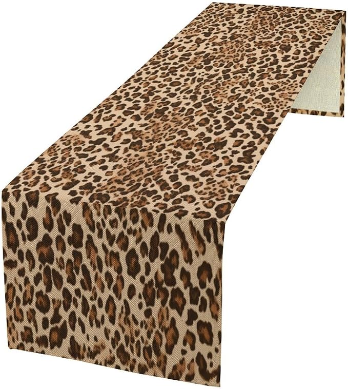 Leopard Skin Print Table Runner, Rustic Cottage Country Farmhouse Wildlife Safari Animal Skin Print Dinner Runner for Home Kitchen Dining Table Party Holiday Decor Brown 13x60in
