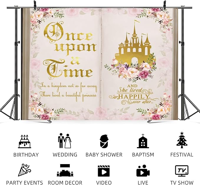 20x10ft Once Upon a Time Backdrop Pink Flower Gold Castle Photography Background Fairy Tale Books Floral Princess Girls Birthday Banner Decorations Fairytale Wedding Portrait Photo Booth Prop