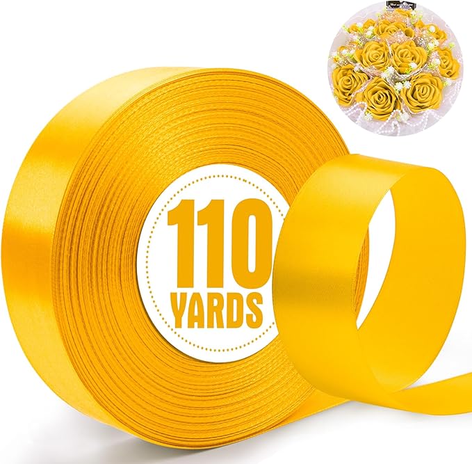 XSEINO 110 Yards Ribbon,1 1/2 Inch Golden Satin Ribbon for Flower Bouquet, Gift Wrapping, Ribbons for Crafts, Hair Bows Making, Wedding Party Decoration, Sewing, Invitation Cards, Christmas, Wreath