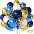 Navy Blue and Gold Confetti Balloons, 50pcs 12 Inch Metallic Blue Latex Confetti Balloons Matte White Latex Balloons with 33 Feet String for Birthday Wedding Gender Revea Decorations
