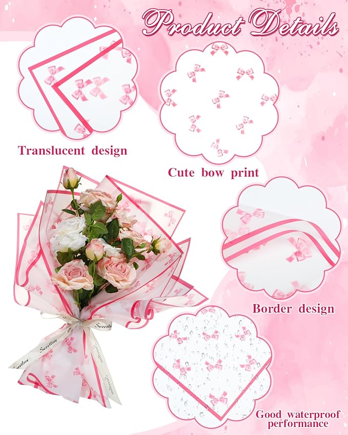 Liobelon 20 Sheets Flower Wrapping Paper Waterproof Bouquet Paper Bow Pattern Rose Pink Gift Wrapping Paper for Flower Shop, Wedding, Birthday Party, Handmade DIY, Anniversary 22.8 x 22.8Inch