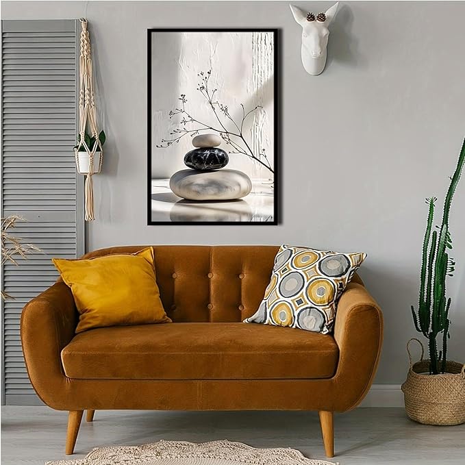 Gray and black stone pile and dried flowers poster canvas wall art in harmony Minimalist wall art for tranquil homes and mindful spaces 24x36in Metal blackFramed