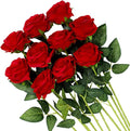 Veryhome Artificial Flowers Silk Roses Fake Bridal Wedding Bouquet for Home Garden Party Floral Decor 10 Pcs (Red Curved stem)