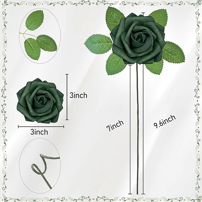 Artificial Flowers, 25pcs Hunt Green Artificial Roses Flowers with Stems Real Touch Fake Roses for DIY Wedding Bouquet Centerpiece Bridal Shower Baby Shower Home Decoration