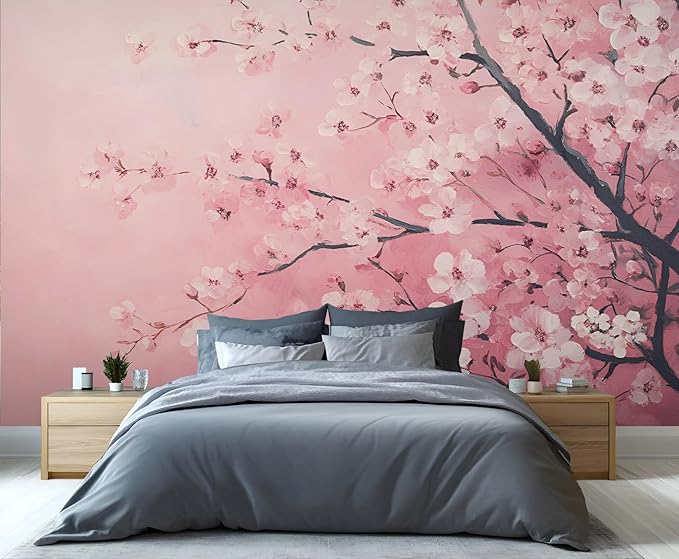 Pink Cherry Blossom Wall Mural, Romantic Cherry Blossom 3D Wall Murals, Japanese Flower Wallpaper Mural, for Living Room Bedroom Large Wallpaper Indoor Decor 137.8" W x100 H