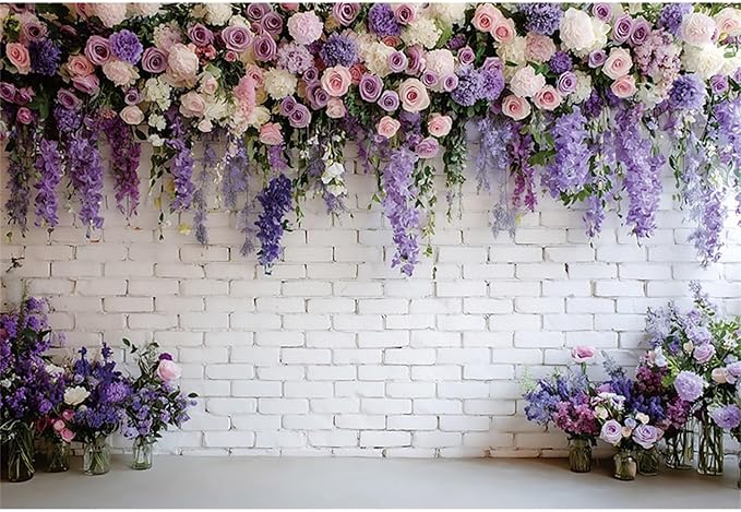 Baocicco Purple Floral Wall Backdrops 10x7ft Flowers White Brick Wall Backdrops for Photoshoot Valentine Day Decorations Anniversary Wedding Banner Supplies Birthday Baby Shower Photo Props