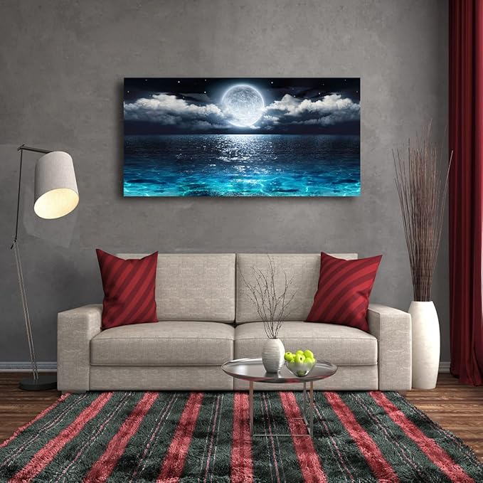 Wall Art Moon Sea Ocean Landscape Picture Canvas Wall Art Print Paintings Modern Artwork for Living Room Wall Decor and Home Décor Framed Ready to Hang,28x57inches,1inch Thick Frame,Waterproof Artwork