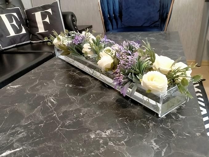 E&F Modern Designs Rectangular Floral Centerpiece for Dining Table - 24 Inches Long Rectangle Vase - Acrylic Clear Vase - Low Laying Unique Flower Vases for Weddings