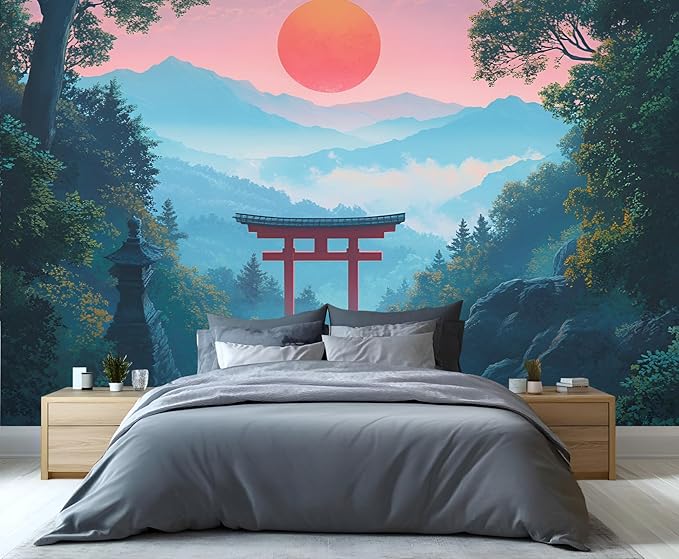 KIREUPA Japanese Torii Gate Wall Mural, Sunrise Mountain Landscape 3d Wall Murals, Zen Nature Art Wallpaper Mural, for Living Room Bedroom Large Wallpaper Indoor Decor 177.16" W x120 H