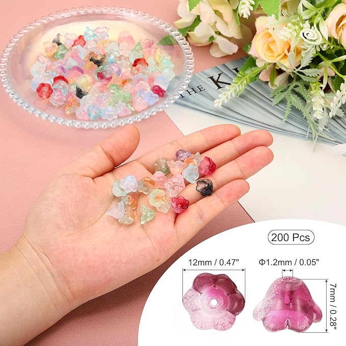 PATIKIL Glass Trumpet Flower Beads, 200 Pcs Gradient Flower Bead Charm for Jewelry Making DIY Craft, Bracelets, Earrings, Necklaces Decorations, Rose Red