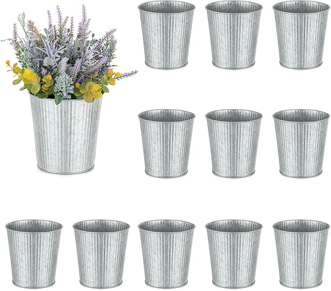NUPTIO Rustic Galvanized Vases for Centerpiece: 12 Pcs 5" Small Ribbed Vases for Flowers Bulk Metal Bucket Planter Pots for Wedding Table Home Decor
