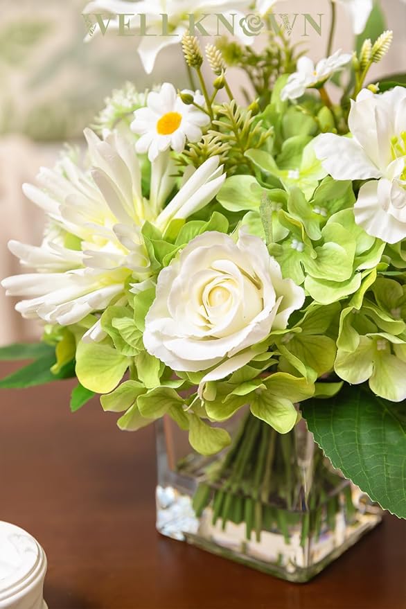 Artificial Flowers in Vase with Fake Water, 12.5" Realistic Silk Rose Peony Lily Faux Floral Arrangements with Glass Vase for Office Home Dinning Table Birthday Party Wedding Decor - White & Green
