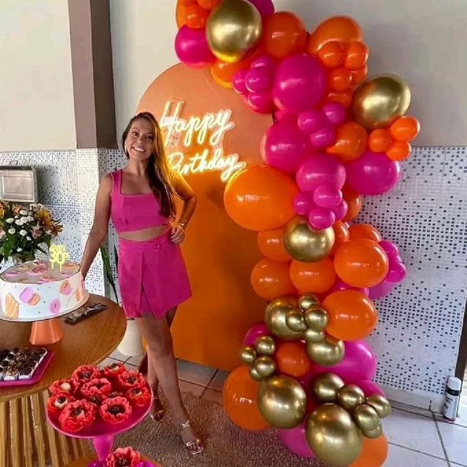 Pink and Orange Balloons 12 Inch Pastel Hot Pink Orange Latex Balloon with Gold Confetti Helium Party Balloons for Tropical Fall Birthday Halloween Baby Shower Thanksgiving Decoration