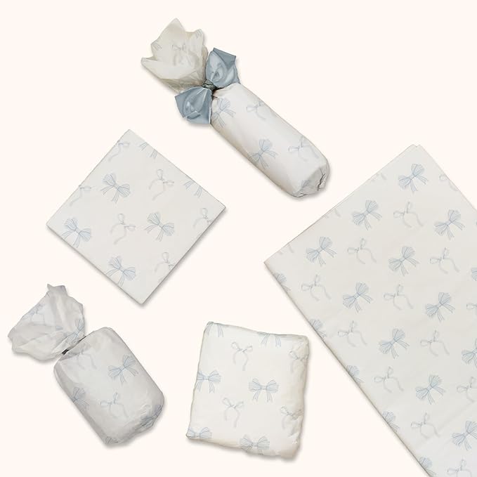 Pro Supply Global Blue Bows Printed Tissue Paper for Gift Bags or Boxes and Wrapping - Bulk Decorative Art Tissue Paper for Packaging and Gifting | 24 Sheets 20" x 30"