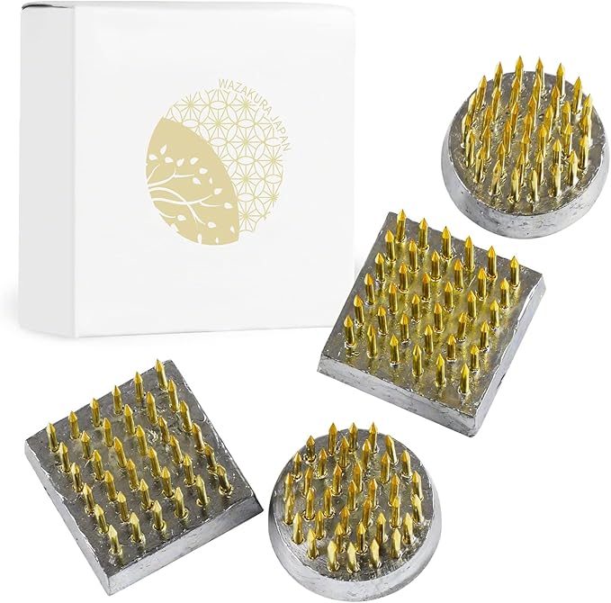 Wazakura 4PCS Mini Ikebana Kenzan Japanese Flower Holder, Made in Japan, Floral Arranging Pin Frog, Round Square - 1"(24mm) Brass