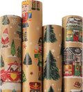 Ribbli Christmas Wrapping Paper 4 Rolls Vintage Kraft Wrapping Paper, 30 Inch x 10 Feet Per Roll, Brown Kraft Paper with Christmas Tree/Santa/Nutcracker/Street Scenes