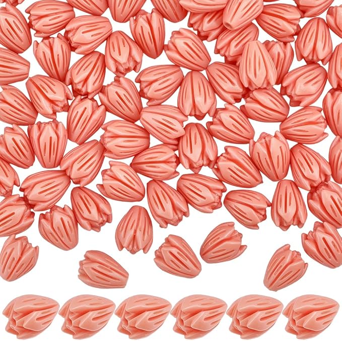 1 Box 100Pcs Carved Coral Beads 8mm Flower Beads 3D Pink Jasmine Artificial Floral Dyed Synthetic Coral Small Smooth Loose Spacers Findings for Jewelry Making Bracelets Necklaces DIY Crafts