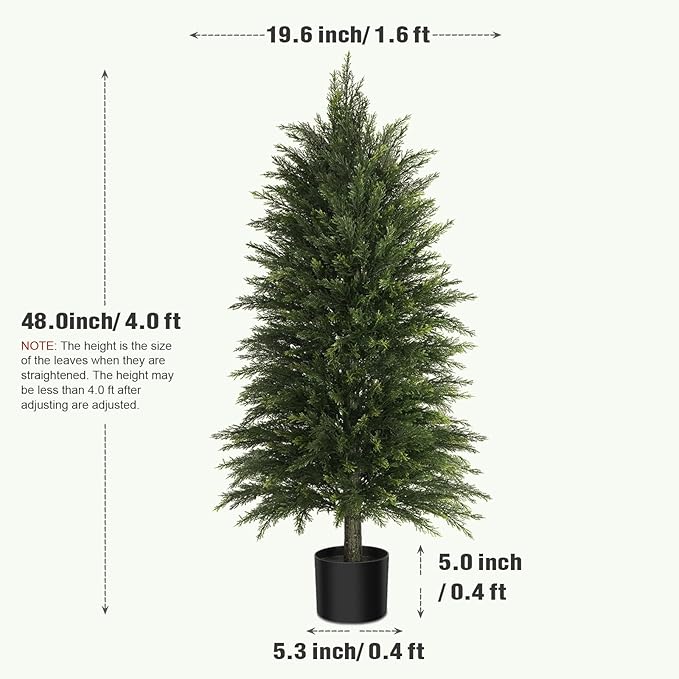 4FT Artificial Cedar Trees Set of 2, Realistic Faux Evergreen Topiary Bushes Plants, Outdoor Potted Fake Cypress Shrubs for Front Porch Garden Home Living Room Decor