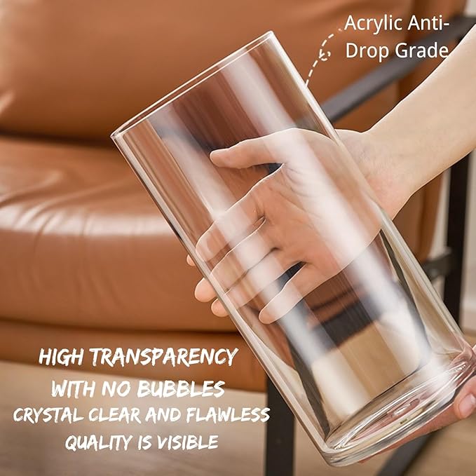 Clear Acrylic Flower Vase, Modern Unbreakable Decorative Cylinder Vase for Wedding Bouquets, Centerpieces, and Home Decor - 12cm Diameter, 25cm Height