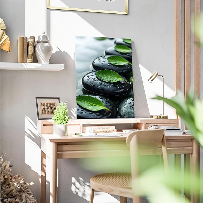 Glittering black stone cluster with fresh green leaves and water drops poster tranquil mist rain wall art zen wall art suitable for modern minimalist home decor 8x12in Wood Framed