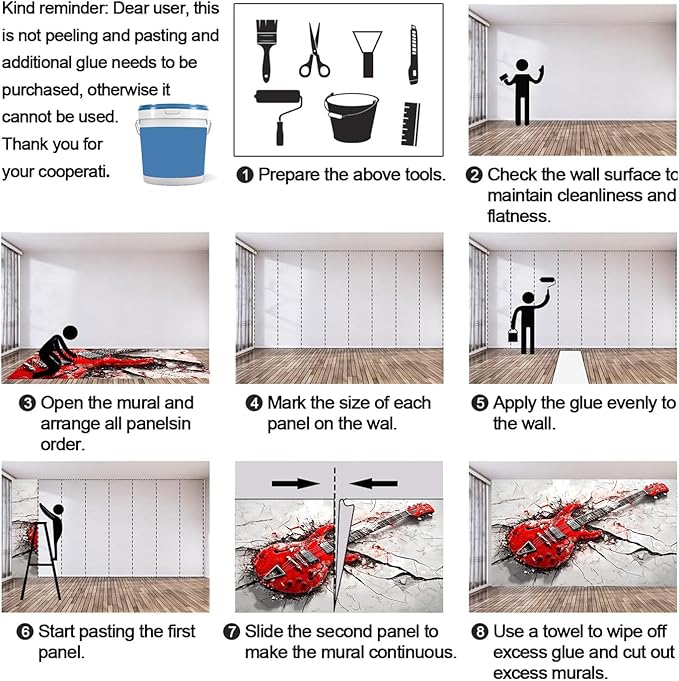Red Electric Guitar Wall Mural, Grunge Style Guitar 3D Wall Murals, Rock Music 3D Explosion Wallpaper Mural, for Living Room Bedroom Large Wallpaper Indoor Decor 157.5" W x110.3 H
