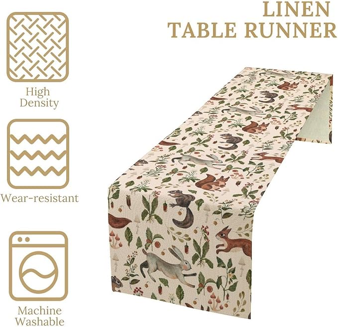 Rustic Forest Table Runner, Cartoon Woodland Wild Animals Rabbit Fox Vintage Botanical Mushroom Herbs Table Cover for Indoor Outdoor Home Decor Party, 13x120inch