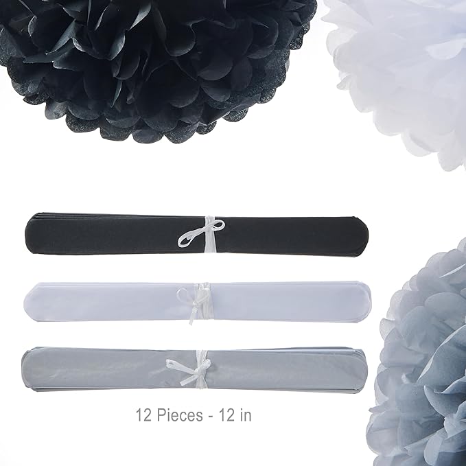 WEVEN Tissue Pom Poms Tissue Paper Flowers Tissue Fluff Balls Party Decorations 12-Inch Pack of 12 (Black, White, Silver)