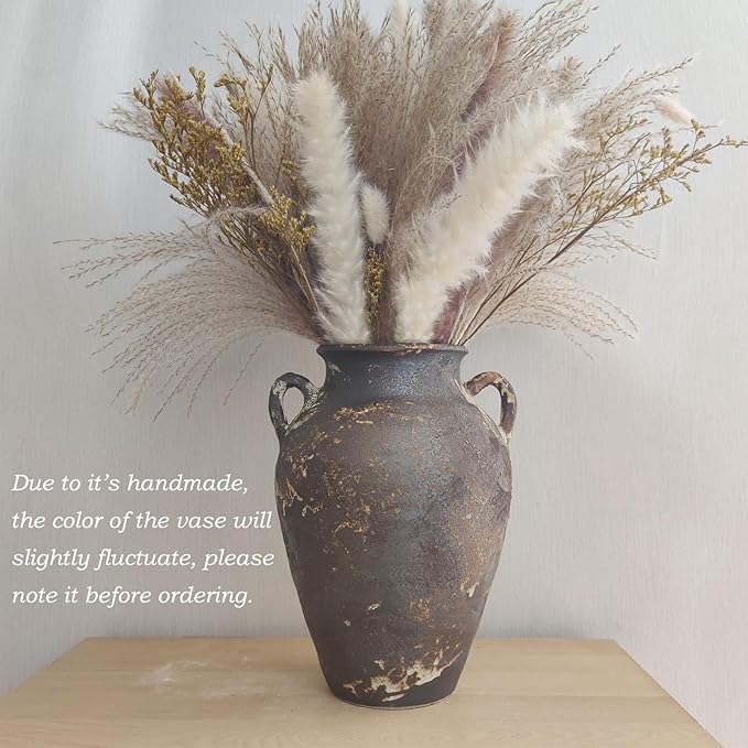 Black Pottery Vase - 10" Rustic Farmhouse vase, Vintage Weathered Terracotta Vases, Handmade Clay vases with Two Handles, Tall Textured Antique Vase for Home Decor, Entryway, Fireplace Mantel Decor