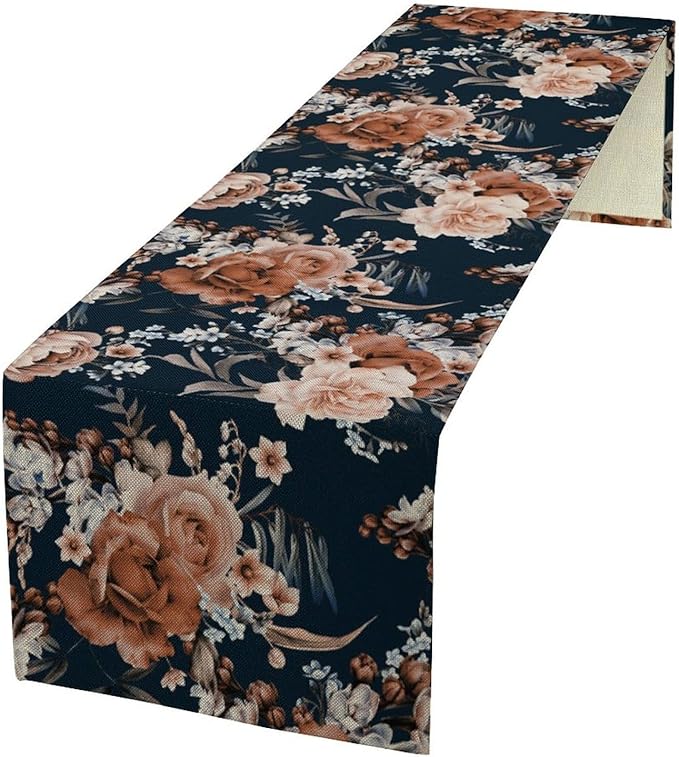 Vintage Flower Table Runner, Boho Black Dark Floral Plant Bohemian Watercolor Spring Garden Botanical Art Table Cover for Holiday Farmhouse Kitchen Dining Table Decor, 13x90inch
