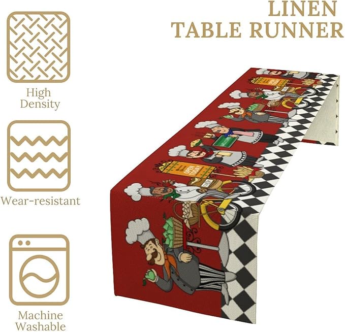 Retro Chef Table Runner,Farmhouse Burlap Table Runners for Party Wedding, Chef Decorations for TKitchen, Chef Kitchen Decor 13x90inch