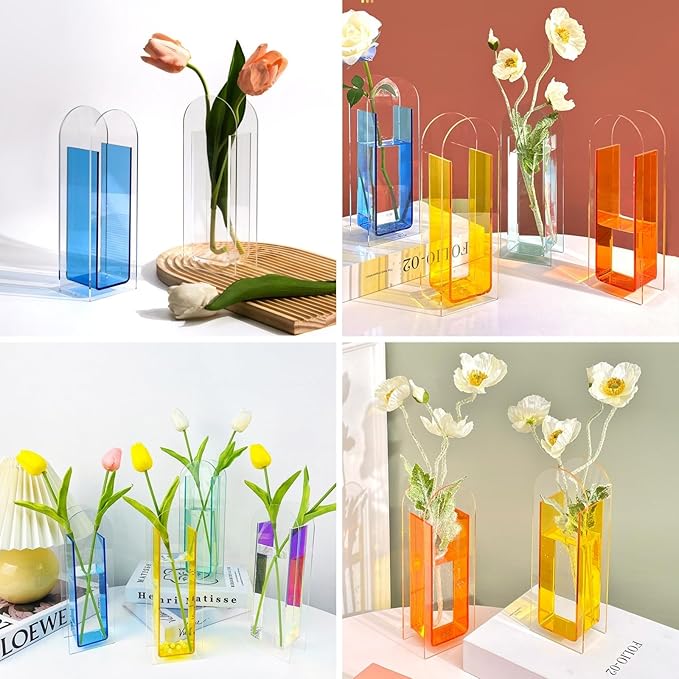 Acrylic Vase for Home Decor, Arch Shape Centerpiece Vase for Table or Wedding Decorations, Acrylic Flower Vase in Aqua Pink, Modern Minimalist Style for Living Room Display (Pink)