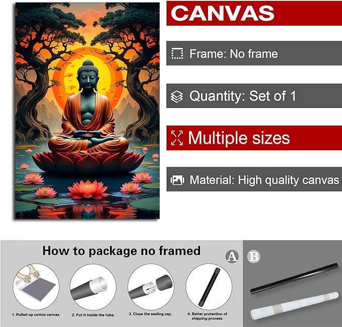 Canvas wall art Golden Buddha on lotus at sunset Ancient trees with reflections on water Serene meditation scene Uplifting wall art for mindfulness and tranquil home decor 28x40in Frameless