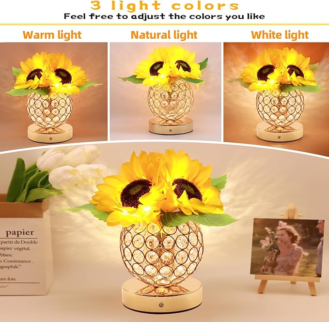 Birthday Gifts for Women,Sunflower Flower Touch Lamp,Rechargeable Cordless 3-Colour Dimming Night Light for Festival,Restaurant,Bedroom,Office Home Decor Gifts for Mom