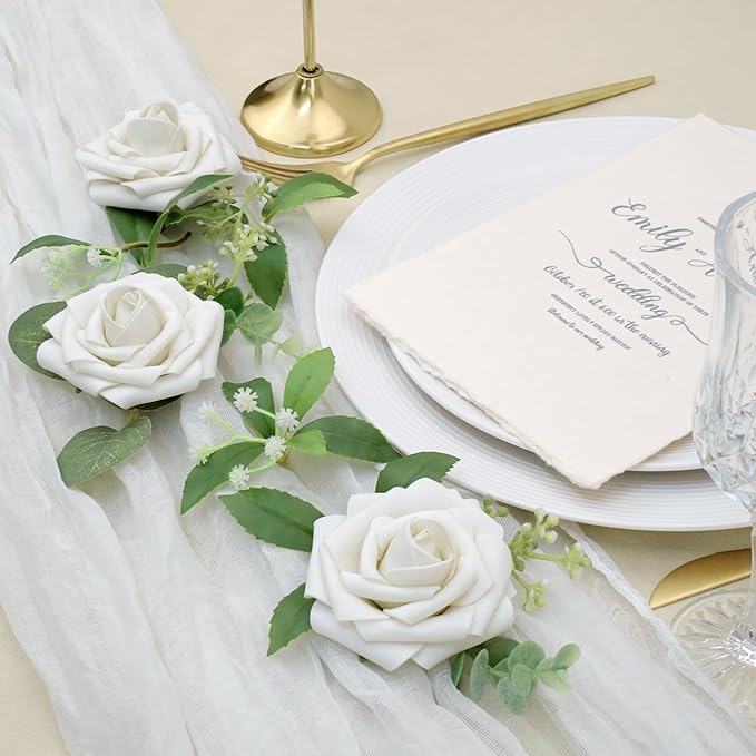 Artificial Flowers, 50pcs Artificial Rose for DIY Bouquets Arrangement, Sand White Rose Flowers Foam Fake with Stems for Wedding Shower Party Floral Arrangements Home Decorations