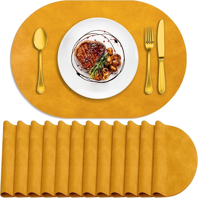 ADRIMER Placemats, Heat Resistant Oval Placemats Set of 12 Washable 12 x 17 Inch, Waterproof Table Mats, Wipeable Pu Place Mats for Kitchen, Dining Room, Yellow